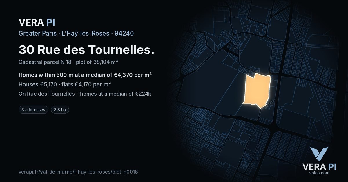 30 Rue des Tournelles, L'Haÿ-les-Roses at night – the plot lit, the parcels around coloured by the prices near them