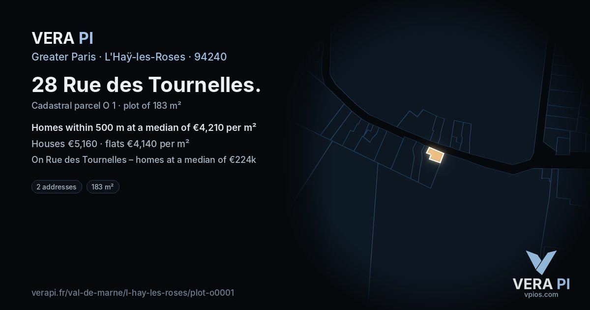 28 Rue des Tournelles, L'Haÿ-les-Roses at night – the plot lit, the parcels around coloured by the prices near them