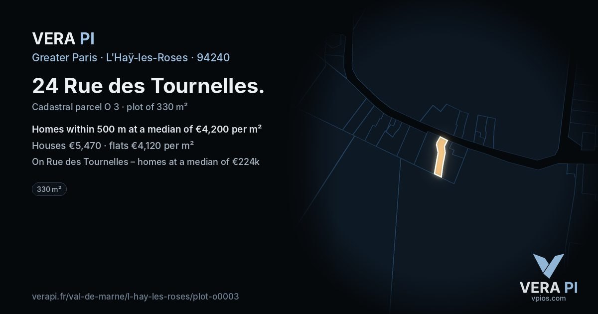 24 Rue des Tournelles, L'Haÿ-les-Roses at night – the plot lit, the parcels around coloured by the prices near them