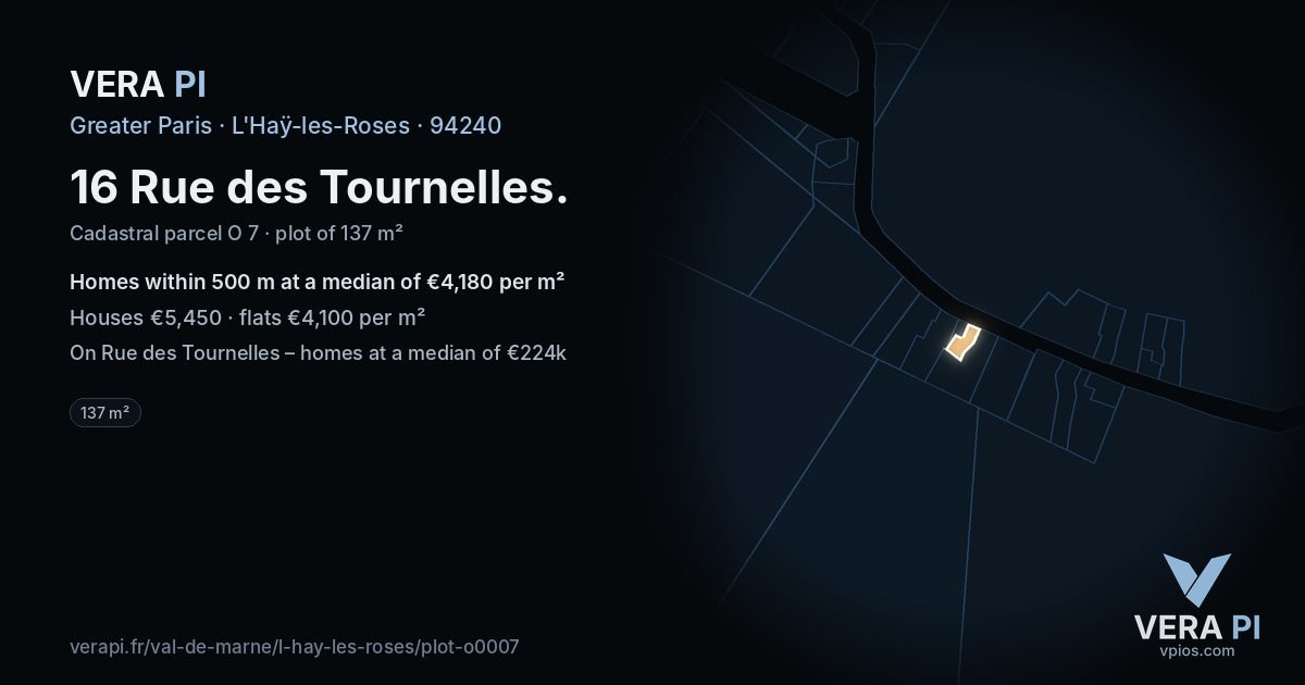 16 Rue des Tournelles, L'Haÿ-les-Roses at night – the plot lit, the parcels around coloured by the prices near them