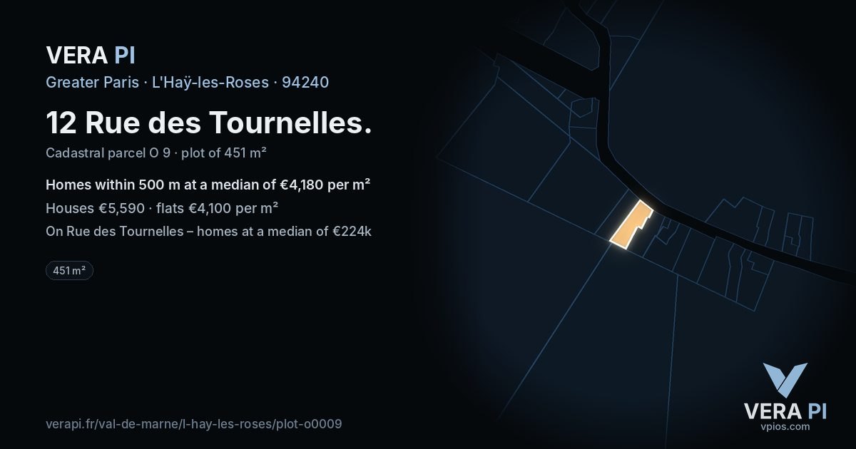 12 Rue des Tournelles, L'Haÿ-les-Roses at night – the plot lit, the parcels around coloured by the prices near them