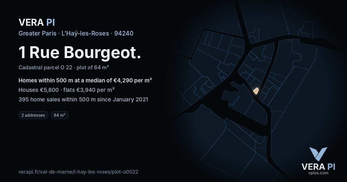 1 Rue Bourgeot, L'Haÿ-les-Roses at night – the plot lit, the parcels around coloured by the prices near them