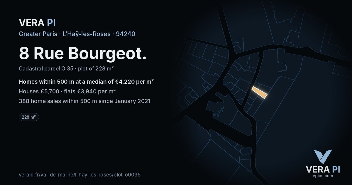 8 Rue Bourgeot, L'Haÿ-les-Roses at night – the plot lit, the parcels around coloured by the prices near them
