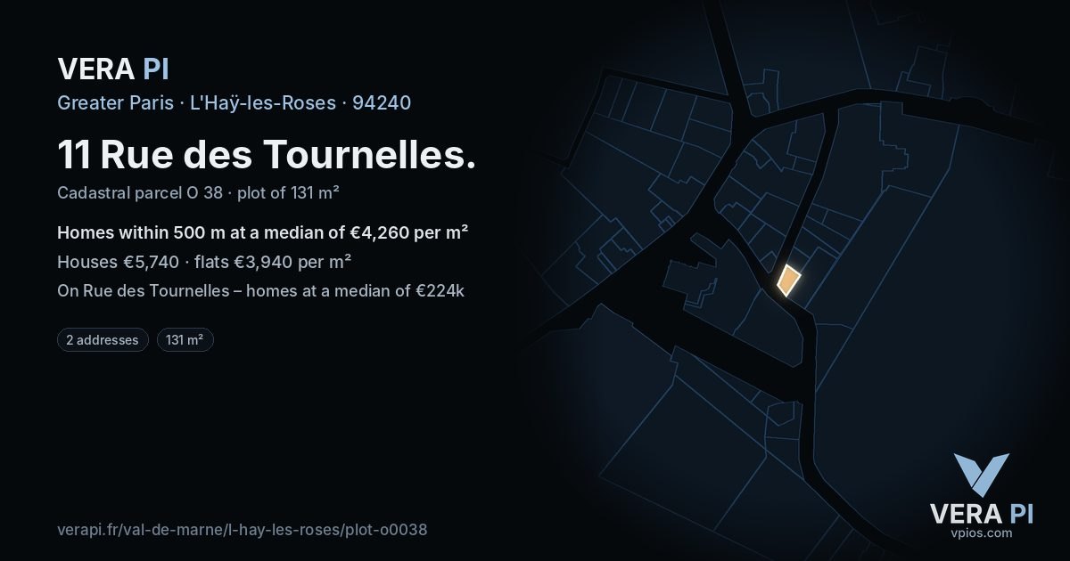 11 Rue des Tournelles, L'Haÿ-les-Roses at night – the plot lit, the parcels around coloured by the prices near them