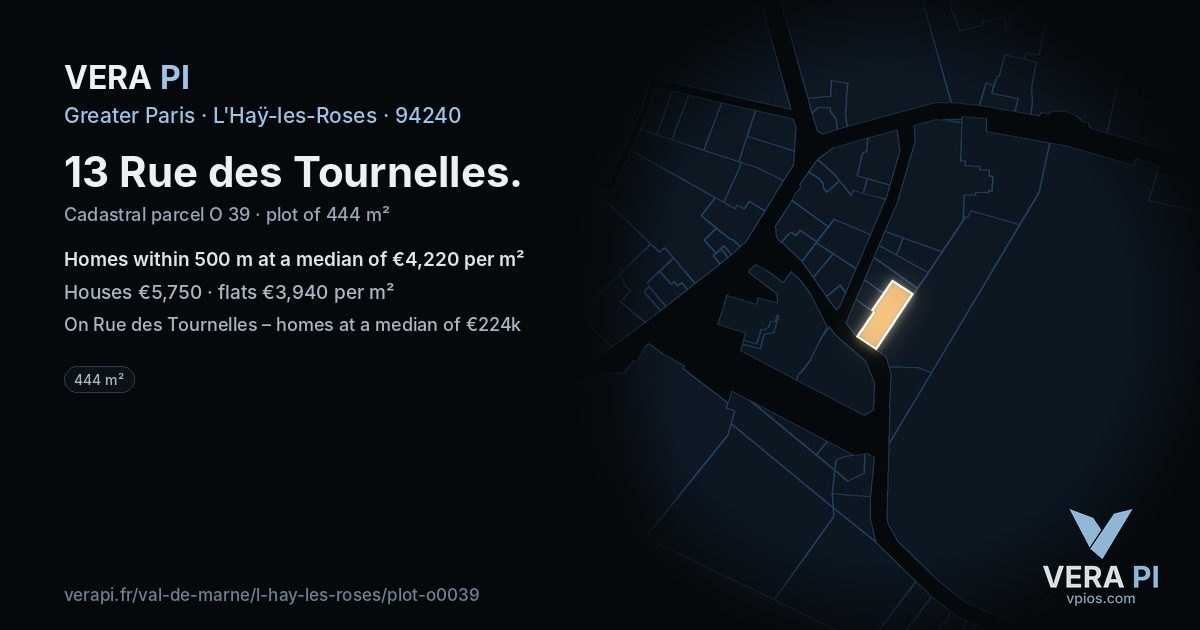 13 Rue des Tournelles, L'Haÿ-les-Roses at night – the plot lit, the parcels around coloured by the prices near them