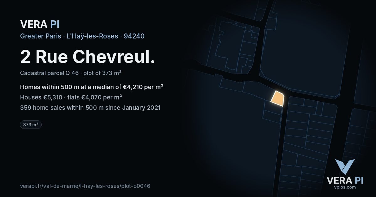 2 Rue Chevreul, L'Haÿ-les-Roses at night – the plot lit, the parcels around coloured by the prices near them