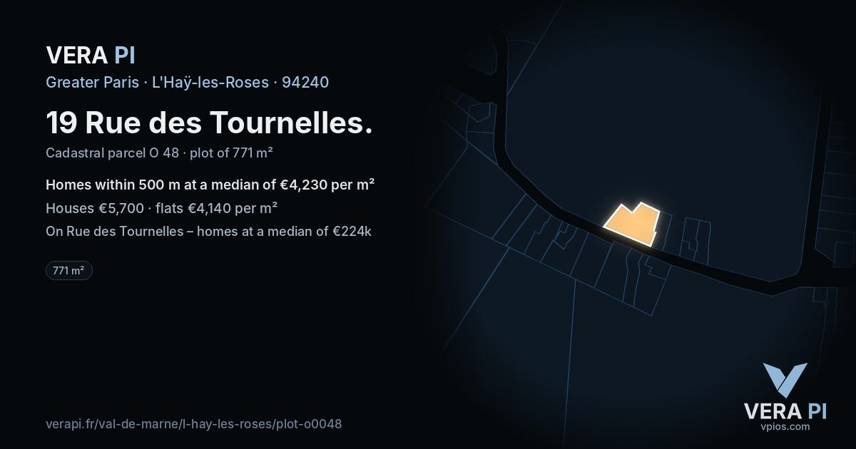 19 Rue des Tournelles, L'Haÿ-les-Roses at night – the plot lit, the parcels around coloured by the prices near them