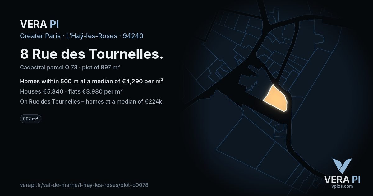 8 Rue des Tournelles, L'Haÿ-les-Roses at night – the plot lit, the parcels around coloured by the prices near them