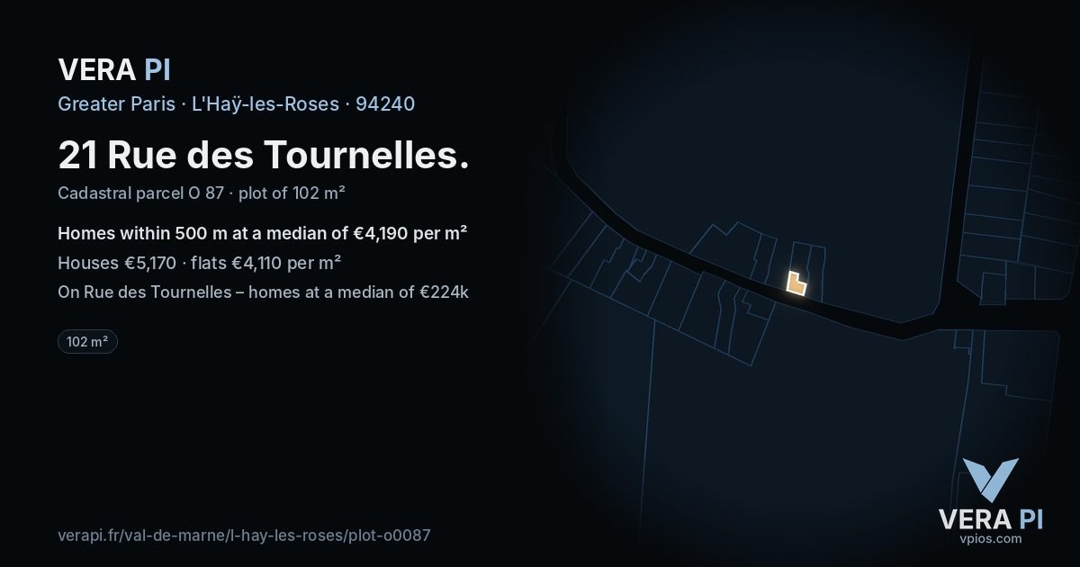 21 Rue des Tournelles, L'Haÿ-les-Roses at night – the plot lit, the parcels around coloured by the prices near them
