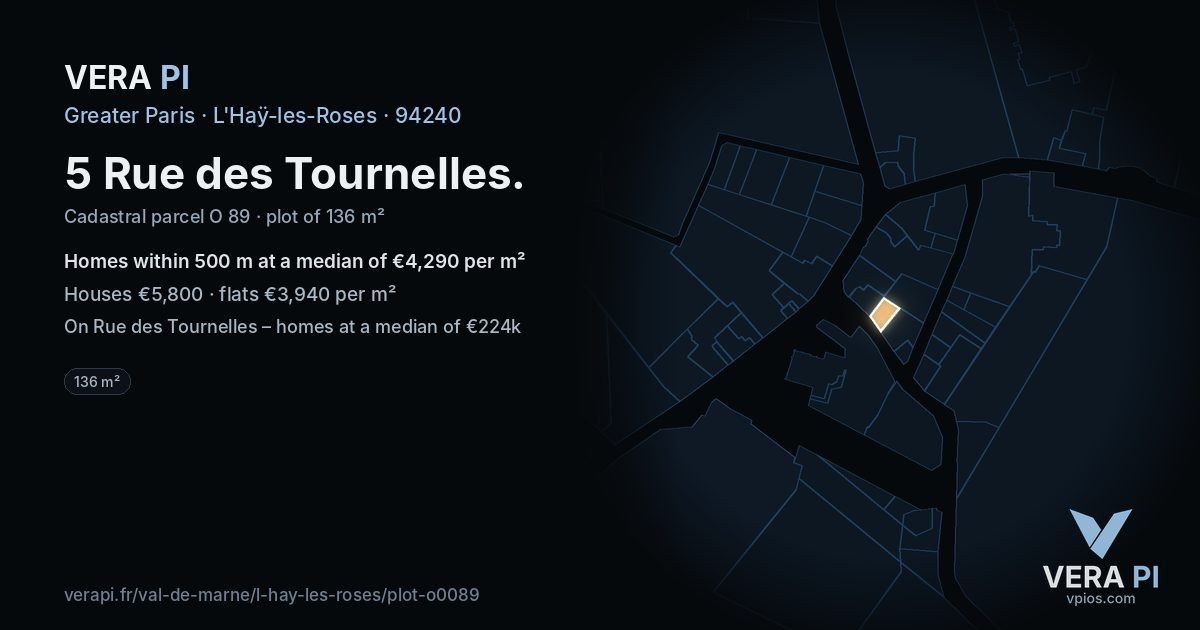 5 Rue des Tournelles, L'Haÿ-les-Roses at night – the plot lit, the parcels around coloured by the prices near them