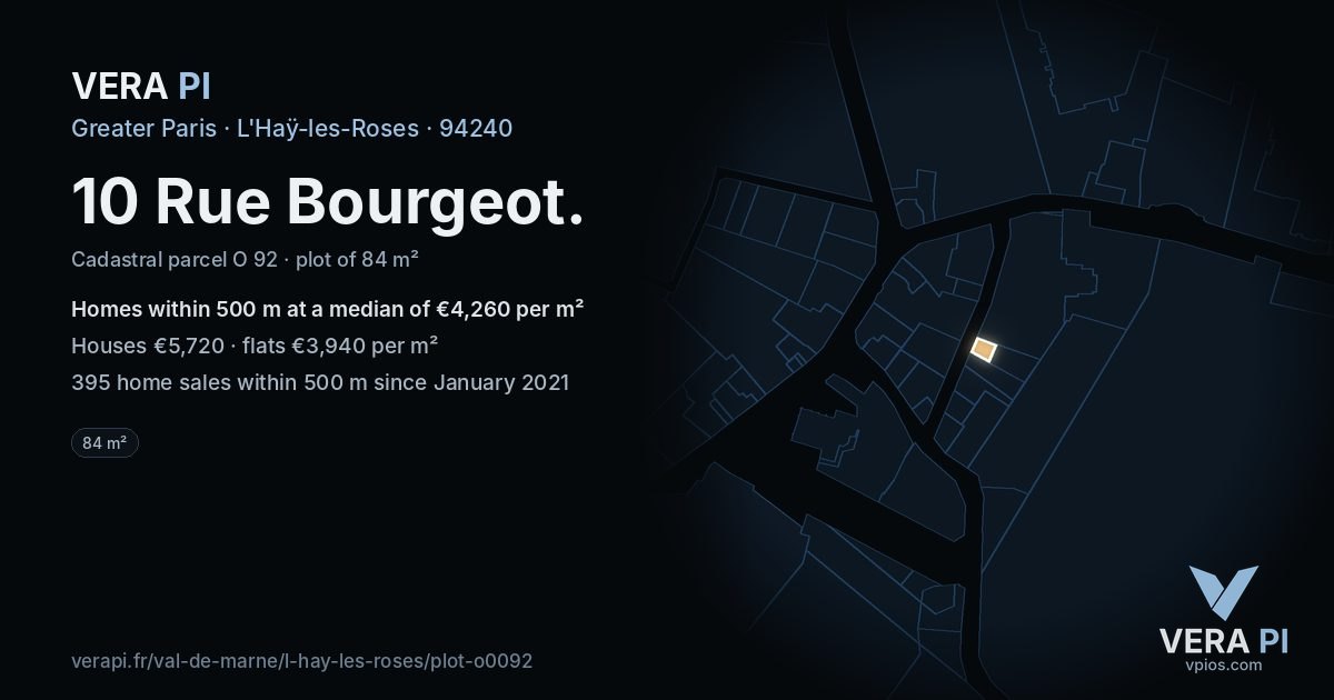 10 Rue Bourgeot, L'Haÿ-les-Roses at night – the plot lit, the parcels around coloured by the prices near them