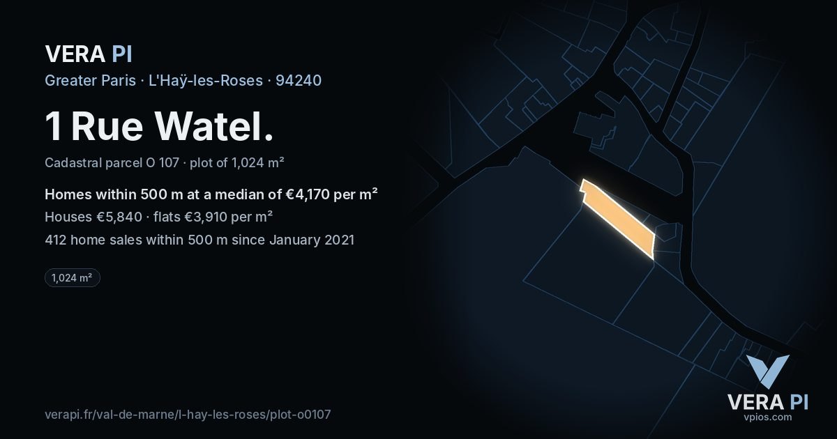 1 Rue Watel, L'Haÿ-les-Roses at night – the plot lit, the parcels around coloured by the prices near them