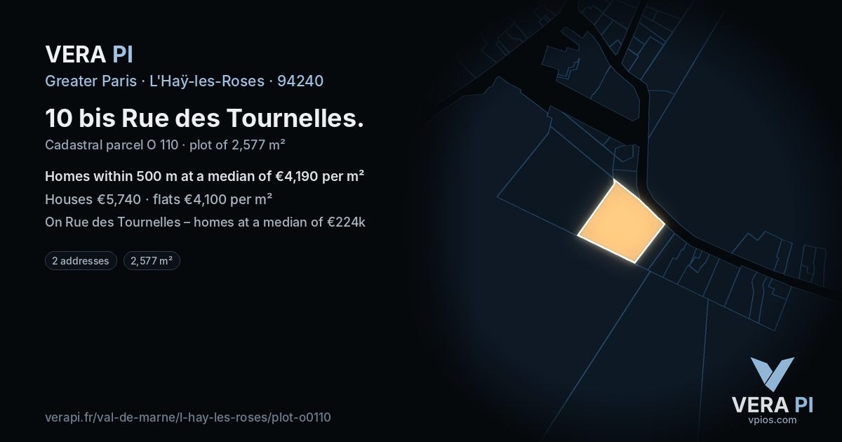 10 bis Rue des Tournelles, L'Haÿ-les-Roses at night – the plot lit, the parcels around coloured by the prices near them