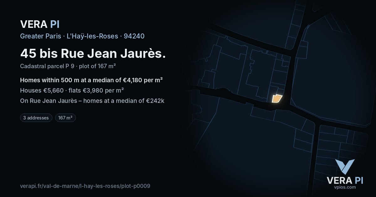 45 bis Rue Jean Jaurès, L'Haÿ-les-Roses at night – the plot lit, the parcels around coloured by the prices near them