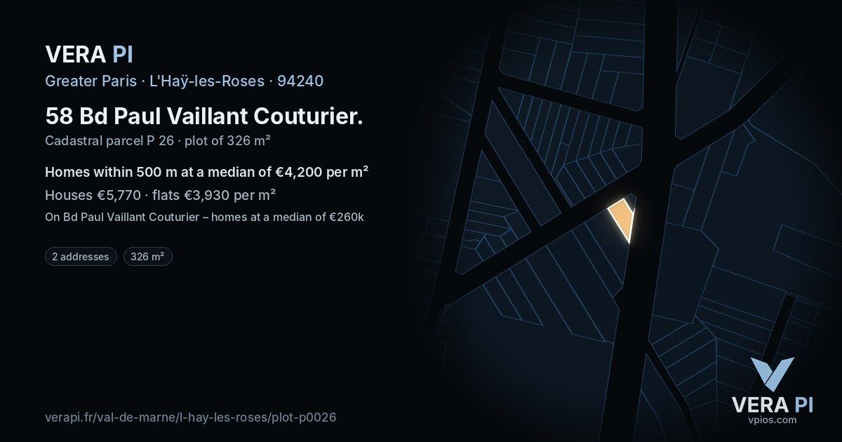 58 Bd Paul Vaillant Couturier, L'Haÿ-les-Roses at night – the plot lit, the parcels around coloured by the prices near them