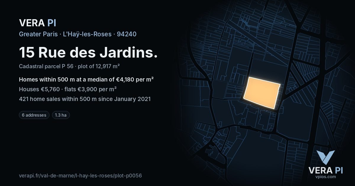 15 Rue des Jardins, L'Haÿ-les-Roses at night – the plot lit, the parcels around coloured by the prices near them