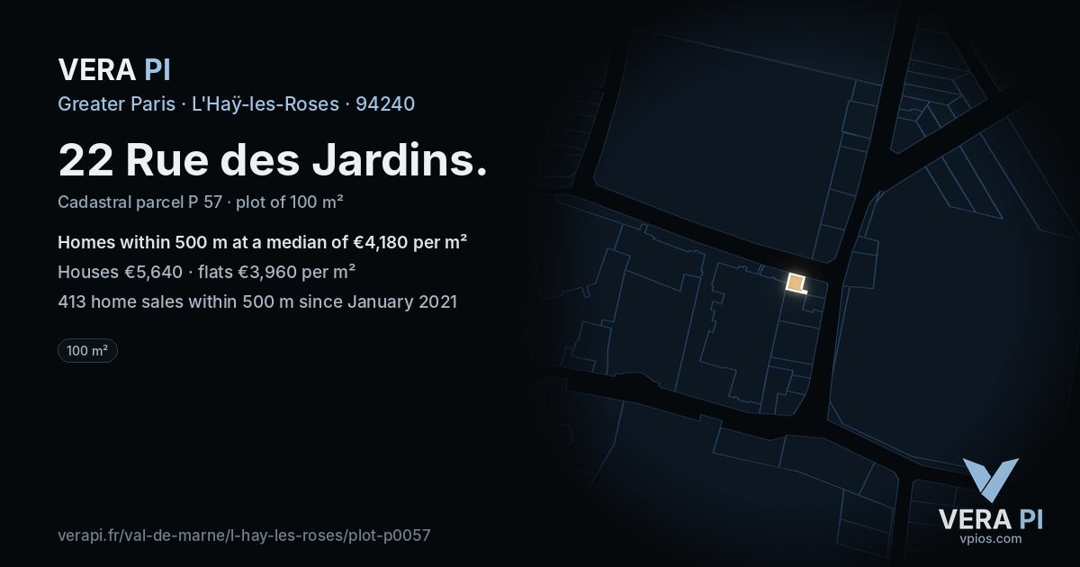 22 Rue des Jardins, L'Haÿ-les-Roses at night – the plot lit, the parcels around coloured by the prices near them