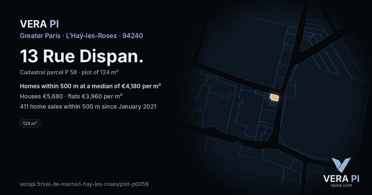 13 Rue Dispan, L'Haÿ-les-Roses at night – the plot lit, the parcels around coloured by the prices near them