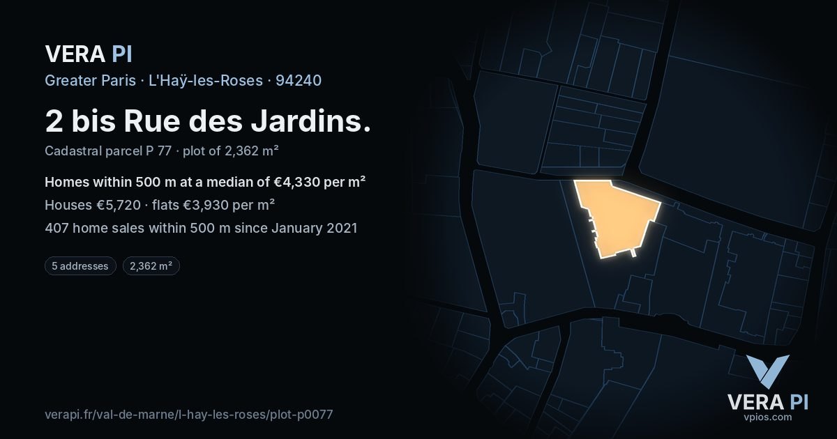 2 bis Rue des Jardins, L'Haÿ-les-Roses at night – the plot lit, the parcels around coloured by the prices near them