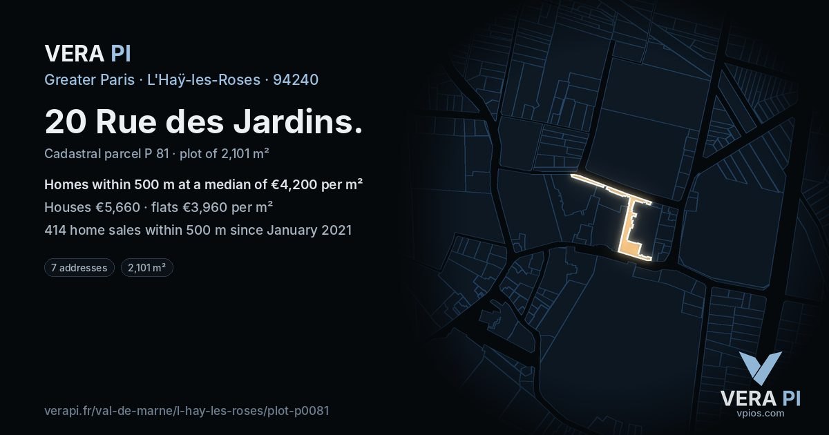 20 Rue des Jardins, L'Haÿ-les-Roses at night – the plot lit, the parcels around coloured by the prices near them