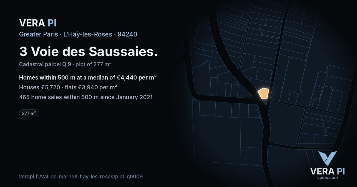 3 Voie des Saussaies, L'Haÿ-les-Roses at night – the plot lit, the parcels around coloured by the prices near them