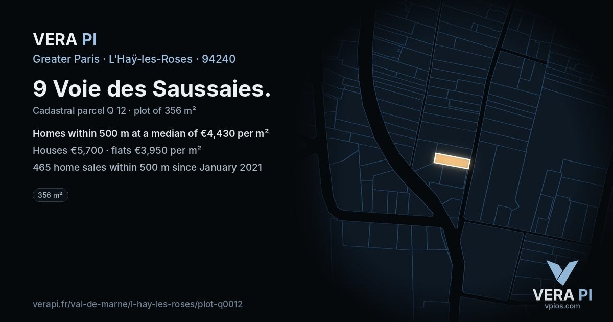 9 Voie des Saussaies, L'Haÿ-les-Roses at night – the plot lit, the parcels around coloured by the prices near them