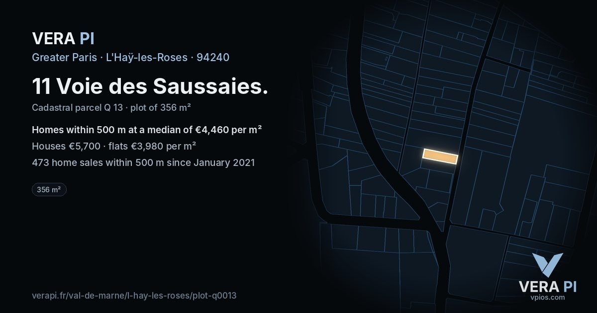 11 Voie des Saussaies, L'Haÿ-les-Roses at night – the plot lit, the parcels around coloured by the prices near them