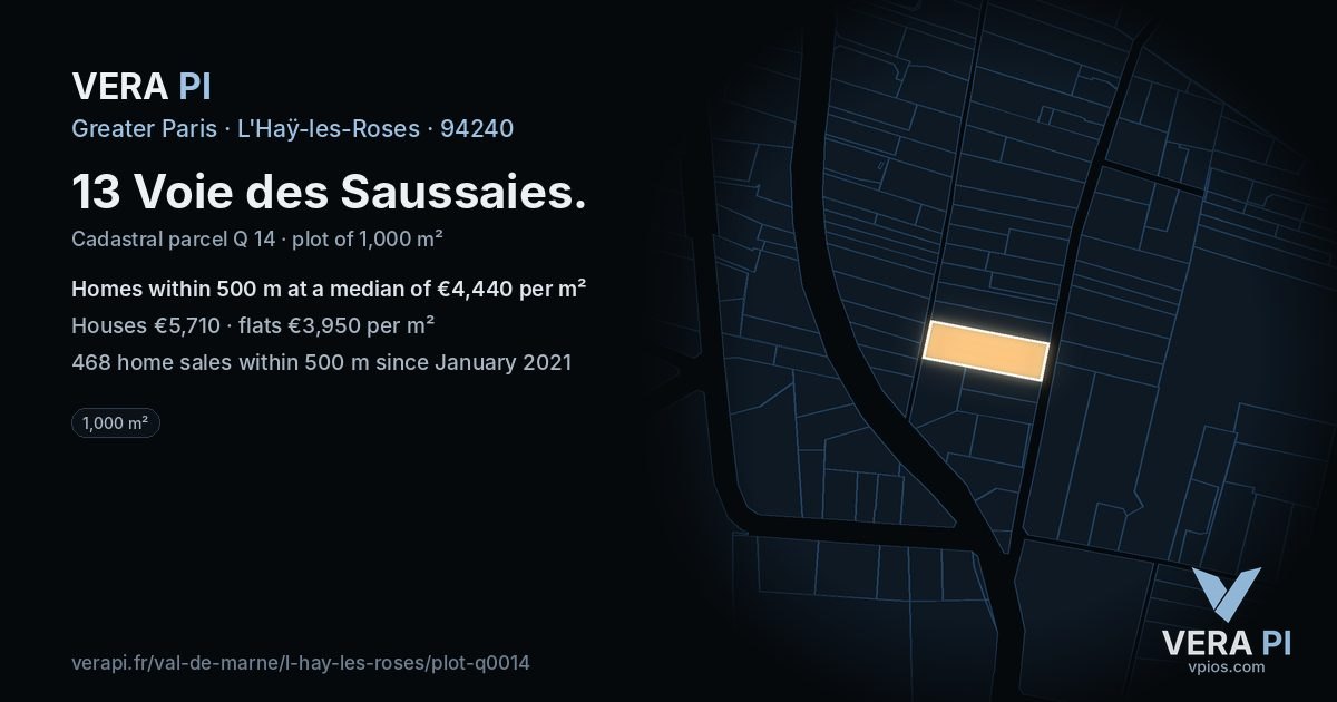 13 Voie des Saussaies, L'Haÿ-les-Roses at night – the plot lit, the parcels around coloured by the prices near them
