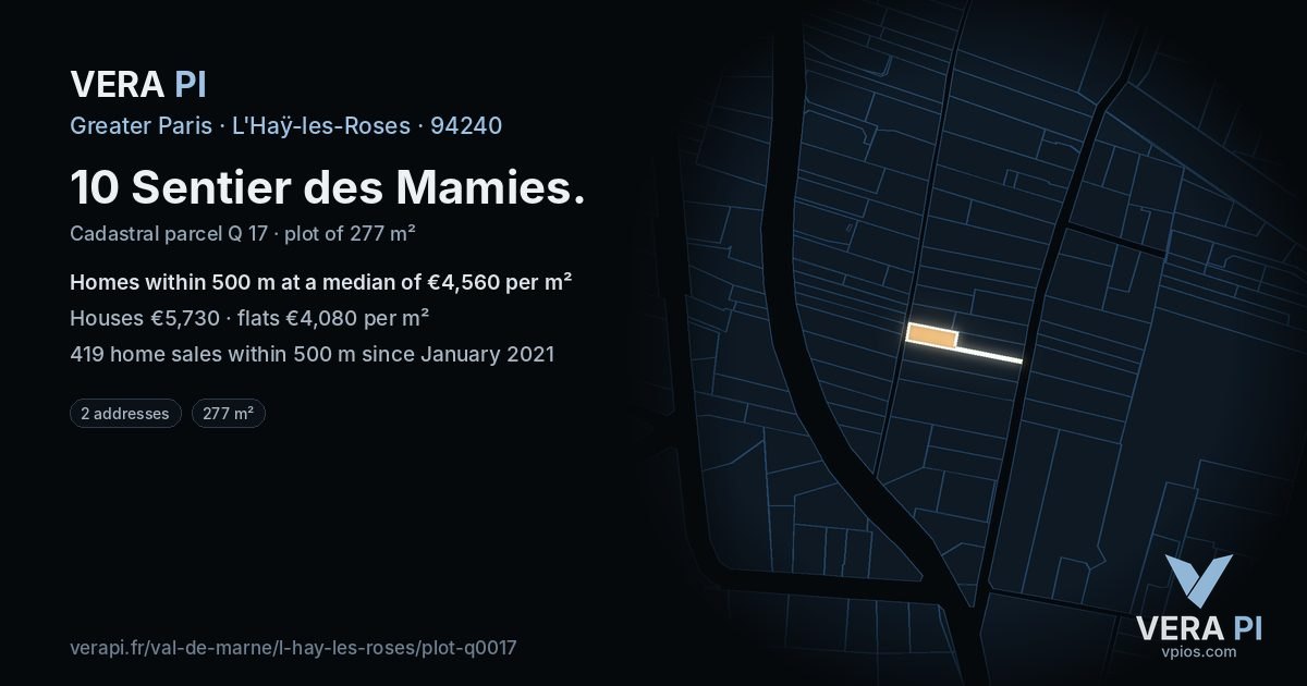 10 Sentier des Mamies, L'Haÿ-les-Roses at night – the plot lit, the parcels around coloured by the prices near them
