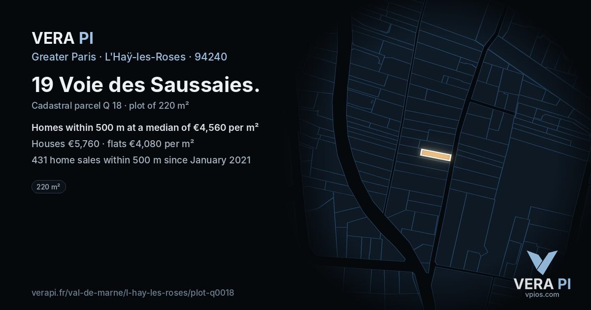 19 Voie des Saussaies, L'Haÿ-les-Roses at night – the plot lit, the parcels around coloured by the prices near them