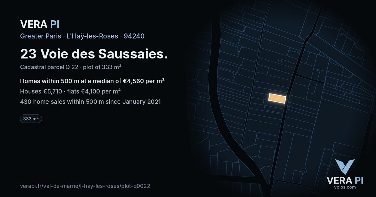 23 Voie des Saussaies, L'Haÿ-les-Roses at night – the plot lit, the parcels around coloured by the prices near them