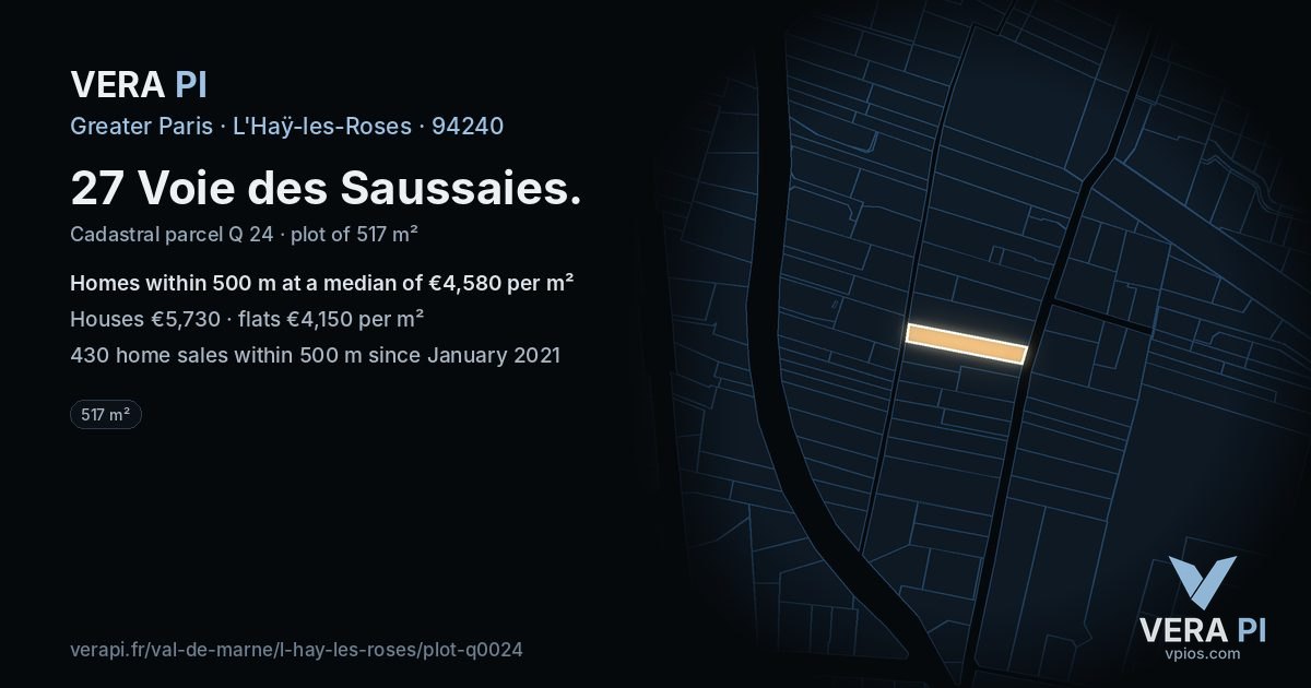 27 Voie des Saussaies, L'Haÿ-les-Roses at night – the plot lit, the parcels around coloured by the prices near them