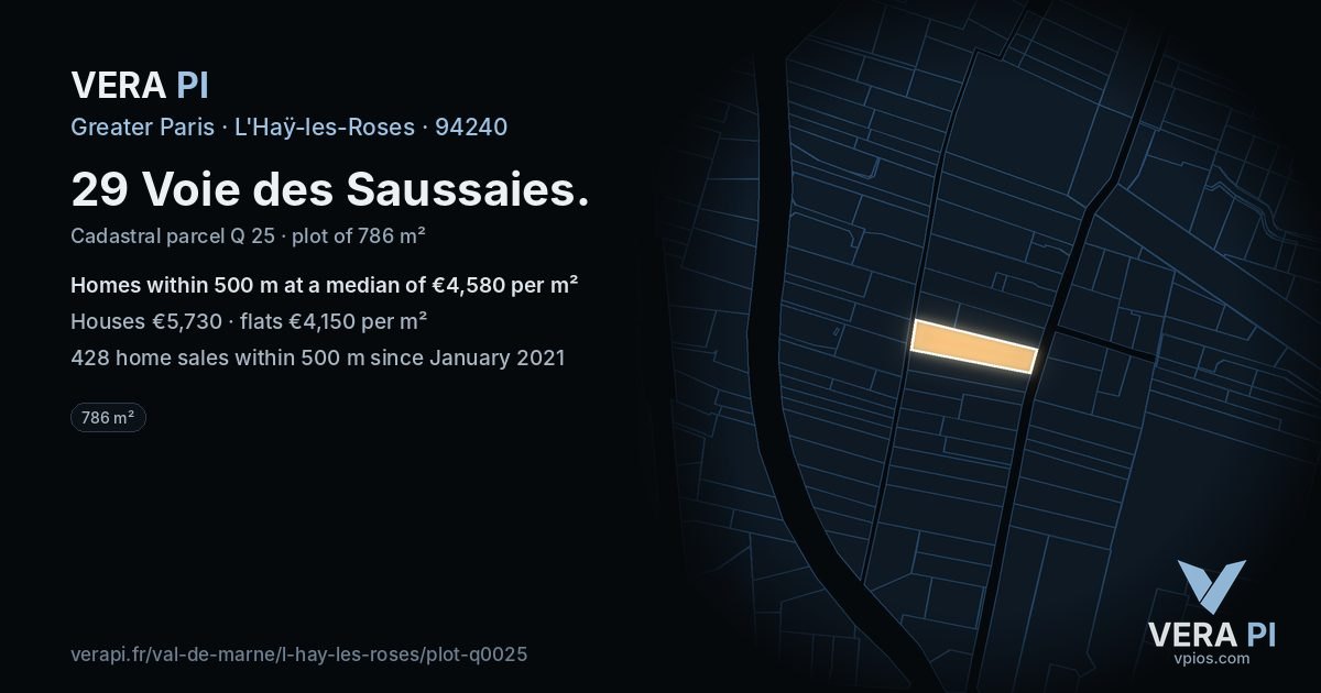 29 Voie des Saussaies, L'Haÿ-les-Roses at night – the plot lit, the parcels around coloured by the prices near them