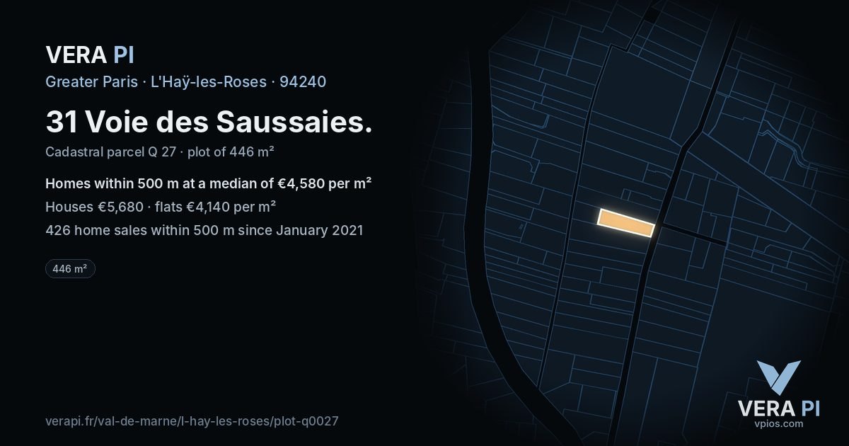 31 Voie des Saussaies, L'Haÿ-les-Roses at night – the plot lit, the parcels around coloured by the prices near them