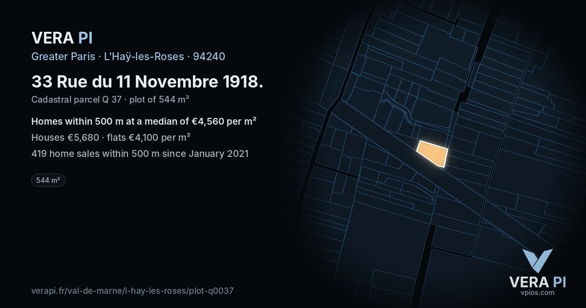 33 Rue du 11 Novembre 1918, L'Haÿ-les-Roses at night – the plot lit, the parcels around coloured by the prices near them