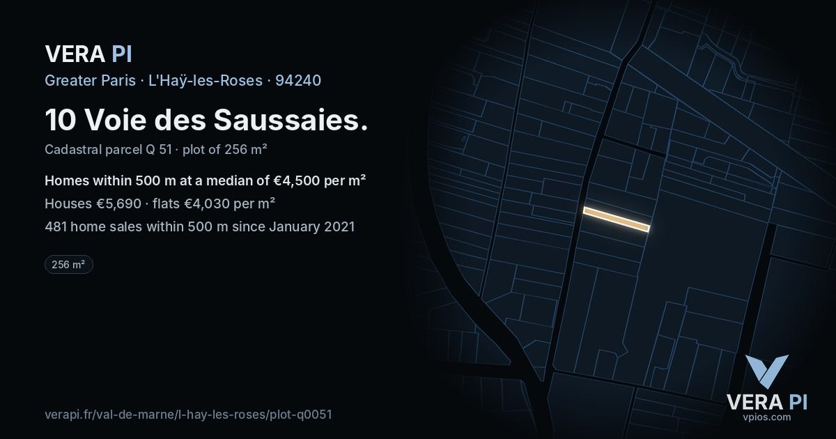 10 Voie des Saussaies, L'Haÿ-les-Roses at night – the plot lit, the parcels around coloured by the prices near them