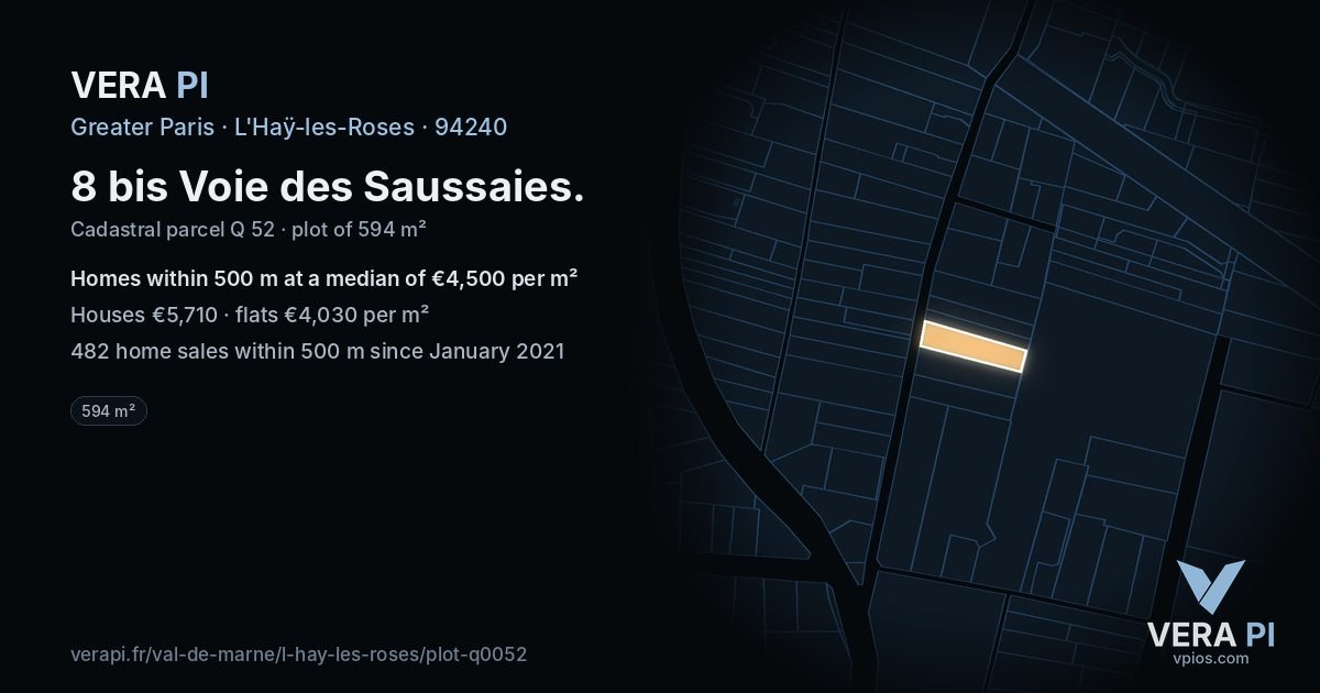 8 bis Voie des Saussaies, L'Haÿ-les-Roses at night – the plot lit, the parcels around coloured by the prices near them