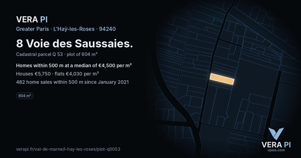 8 Voie des Saussaies, L'Haÿ-les-Roses at night – the plot lit, the parcels around coloured by the prices near them