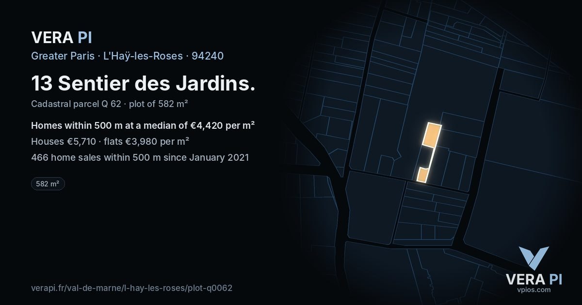 13 Sentier des Jardins, L'Haÿ-les-Roses at night – the plot lit, the parcels around coloured by the prices near them