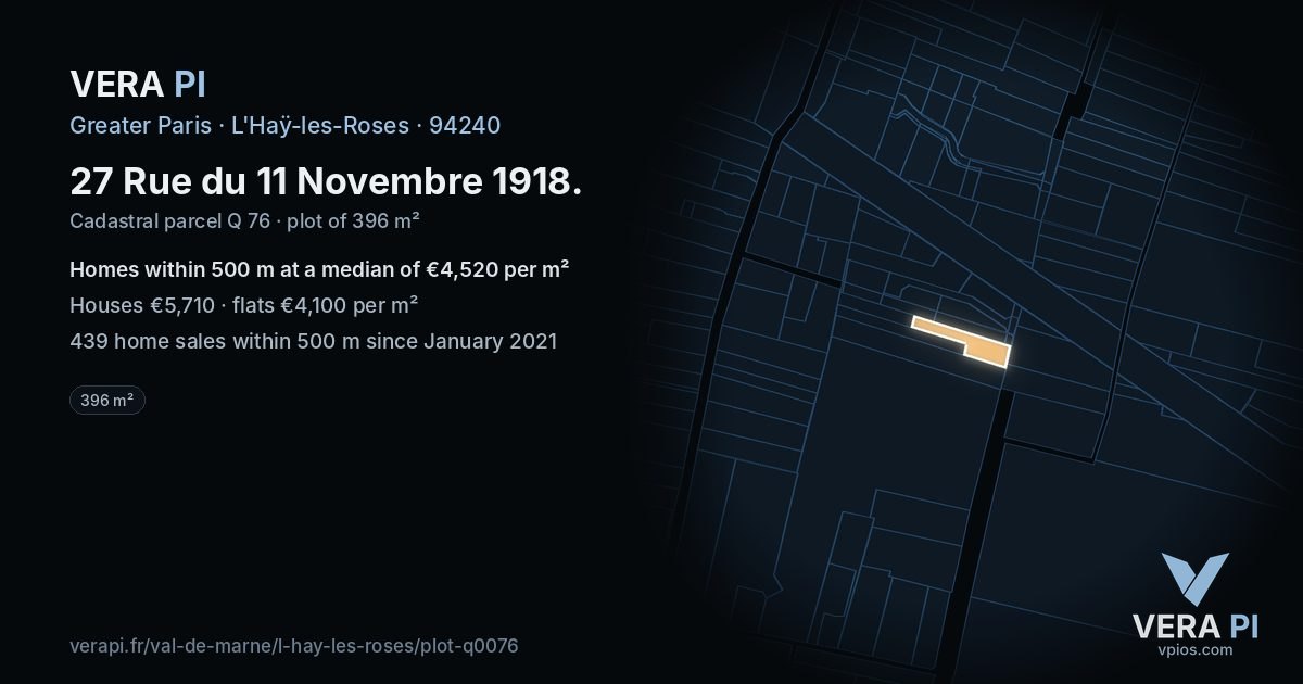 27 Rue du 11 Novembre 1918, L'Haÿ-les-Roses at night – the plot lit, the parcels around coloured by the prices near them