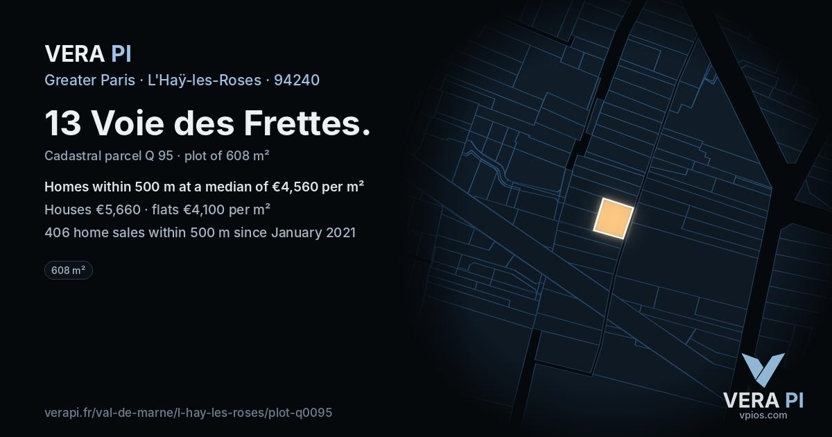 13 Voie des Frettes, L'Haÿ-les-Roses at night – the plot lit, the parcels around coloured by the prices near them