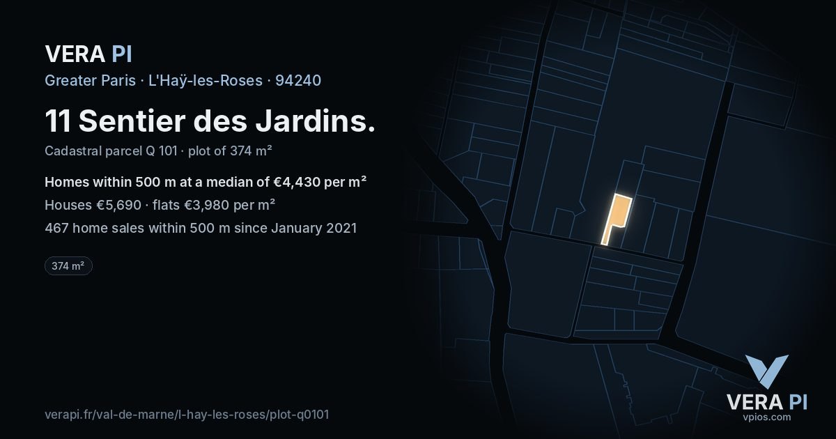 11 Sentier des Jardins, L'Haÿ-les-Roses at night – the plot lit, the parcels around coloured by the prices near them