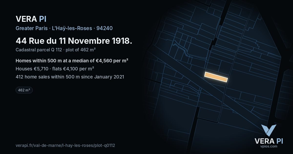 44 Rue du 11 Novembre 1918, L'Haÿ-les-Roses at night – the plot lit, the parcels around coloured by the prices near them