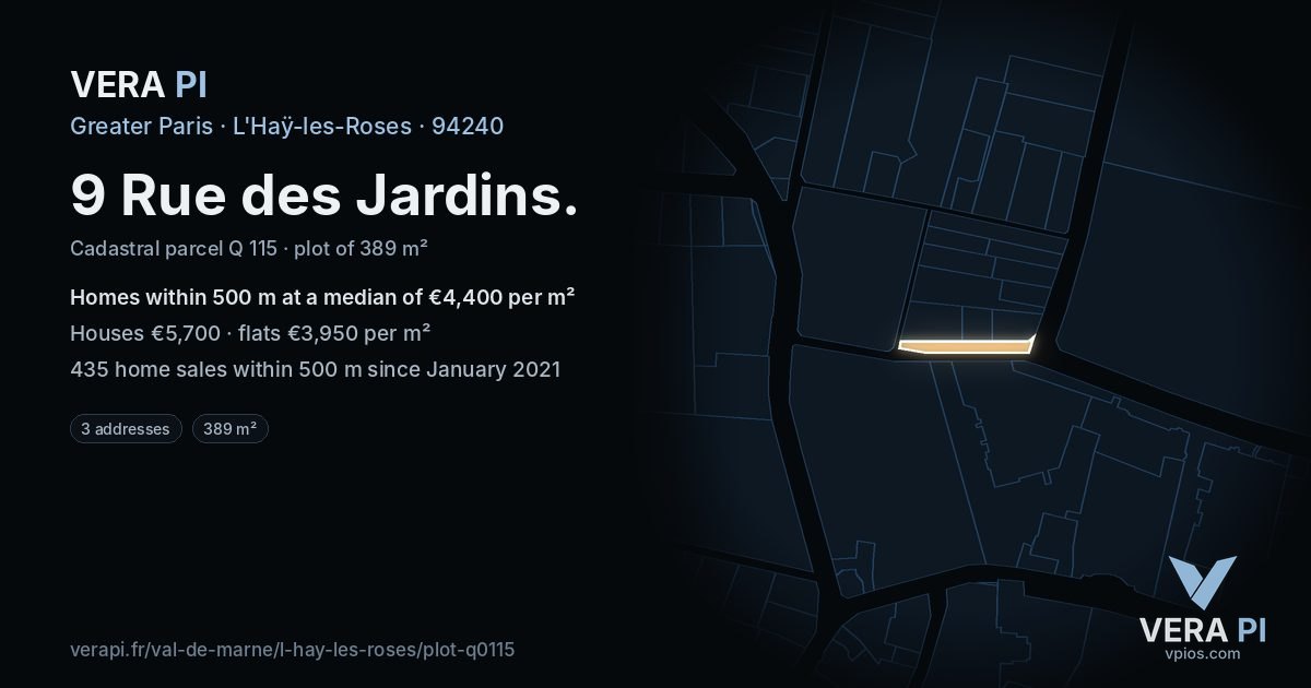 9 Rue des Jardins, L'Haÿ-les-Roses at night – the plot lit, the parcels around coloured by the prices near them