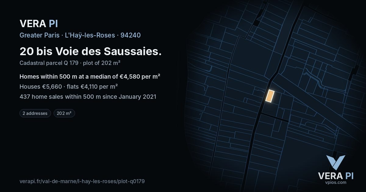 20 bis Voie des Saussaies, L'Haÿ-les-Roses at night – the plot lit, the parcels around coloured by the prices near them