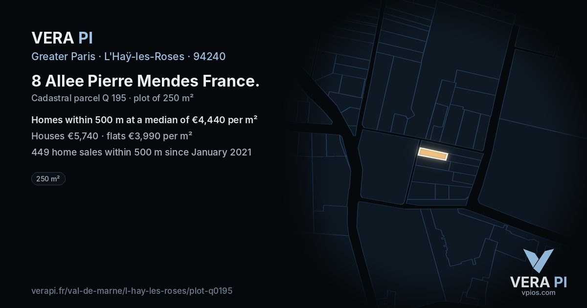 8 Allee Pierre Mendes France, L'Haÿ-les-Roses at night – the plot lit, the parcels around coloured by the prices near them