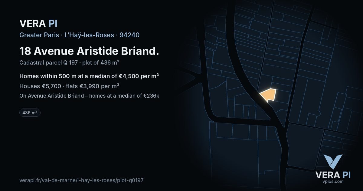 18 Avenue Aristide Briand, L'Haÿ-les-Roses at night – the plot lit, the parcels around coloured by the prices near them