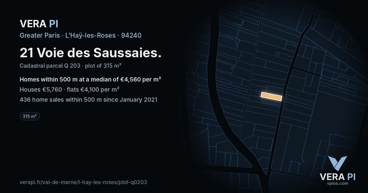 21 Voie des Saussaies, L'Haÿ-les-Roses at night – the plot lit, the parcels around coloured by the prices near them