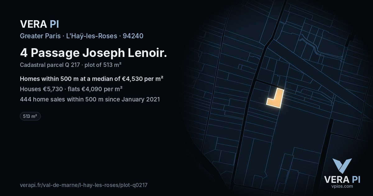 4 Passage Joseph Lenoir, L'Haÿ-les-Roses at night – the plot lit, the parcels around coloured by the prices near them