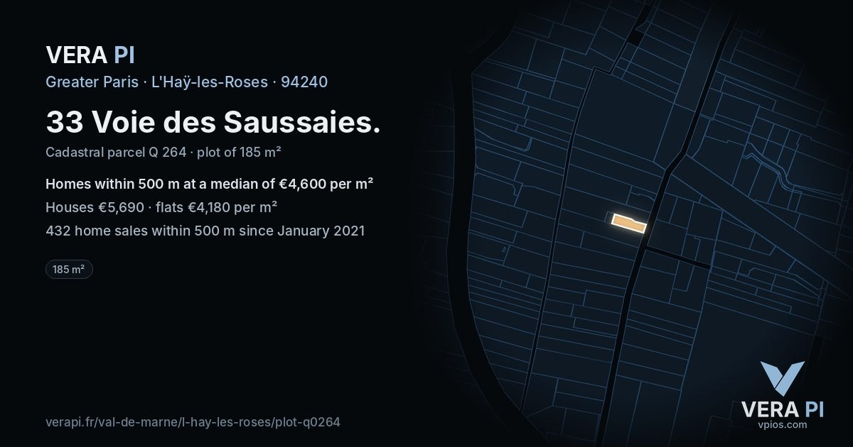 33 Voie des Saussaies, L'Haÿ-les-Roses at night – the plot lit, the parcels around coloured by the prices near them
